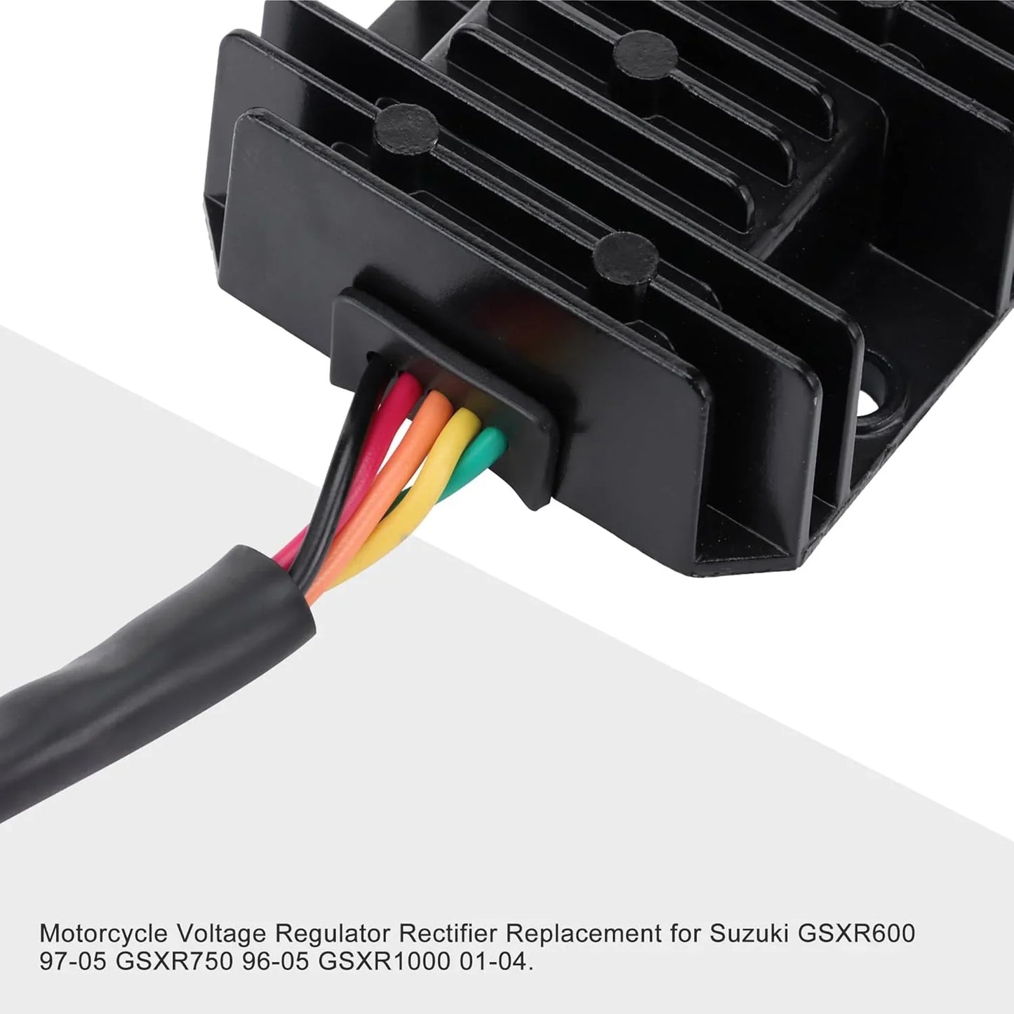 Motorcycle voltage regulator rectifier with multi-colored wires for Suzuki GSX-R600, GSX-R750, GSX-R1000 models.