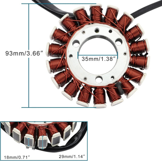 Magneto stator for Honda XR250 Tornado, copper coils, labeled measurements, aftermarket part