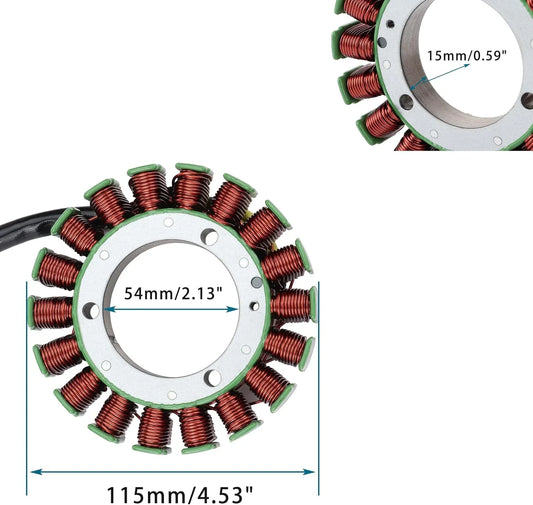 Kawasaki KFX700 KVF650 KVF750 stator replacement part with diameter and hole measurements