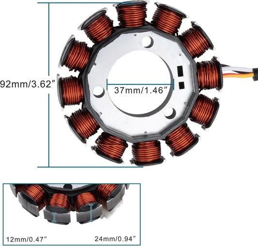 Yamaha Neo 115 magneto stator coil with dimensions, copper windings, and wiring detail