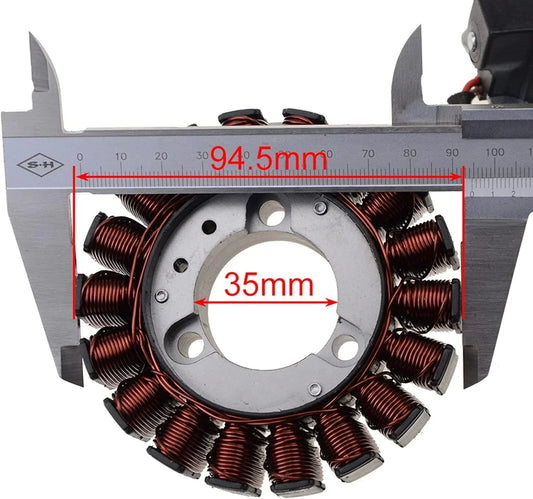 Aprilia SR Max 300 stator magneto replacement part with caliper showing 94.5mm and 35mm measurements