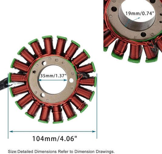 Kawasaki Brute Force 300 stator replacement part with detailed size measurements shown