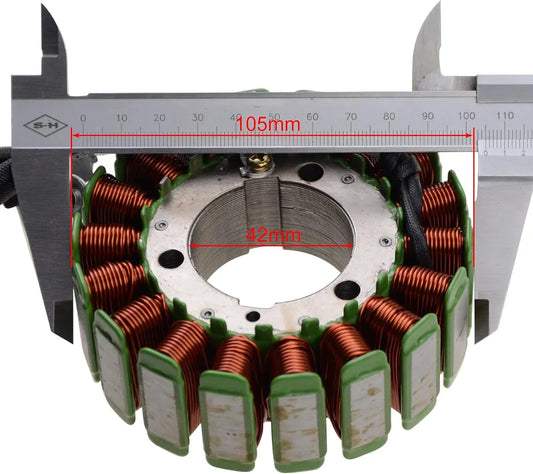 Yamaha motorcycle stator magneto with caliper showing 105mm and 42mm measurements
