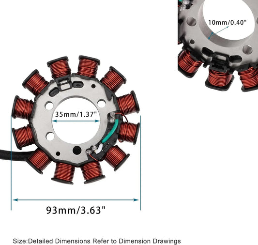 Honda XR150 stator replacement part with copper coils and dimensions labeled