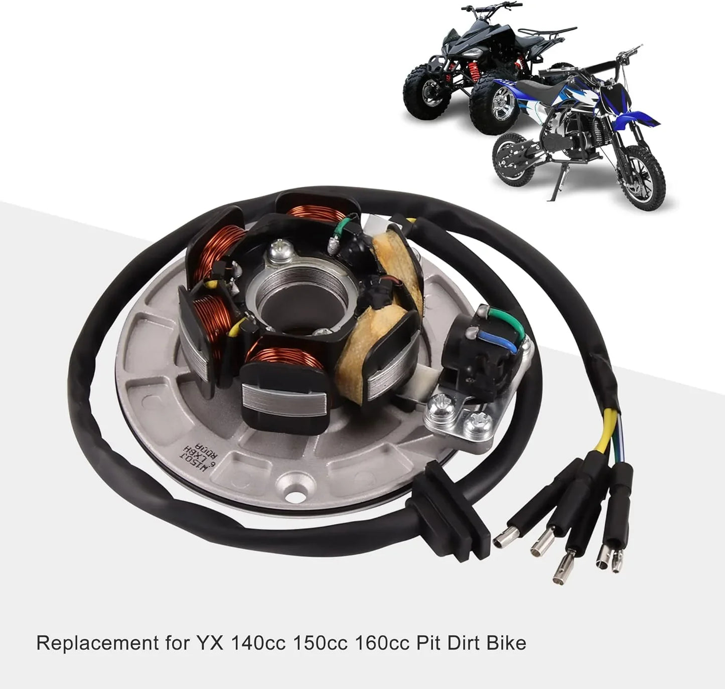 Stator coil wiring harness for YX 140cc 150cc 160cc pit dirt bike, with ATVs and dirt bike image.