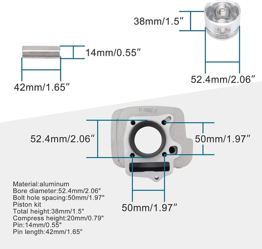 52.4mm Aluminum Cylinder & Piston Kit for Lifan 125cc LF125 Horizontal Engine (14mm Pin) - goofitmoto