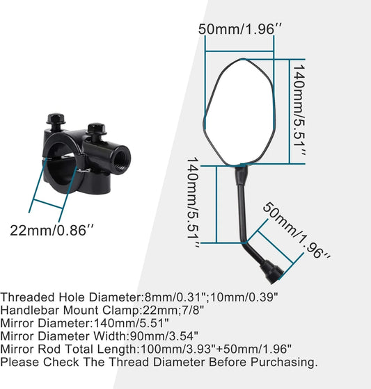 Universal Motorcycle Rear View Mirrors with 7/8" Handlebar Mount Clamp | 5-Bolt Fitting Kit for ATV, Scooter, Dirt Bike - goofitmoto