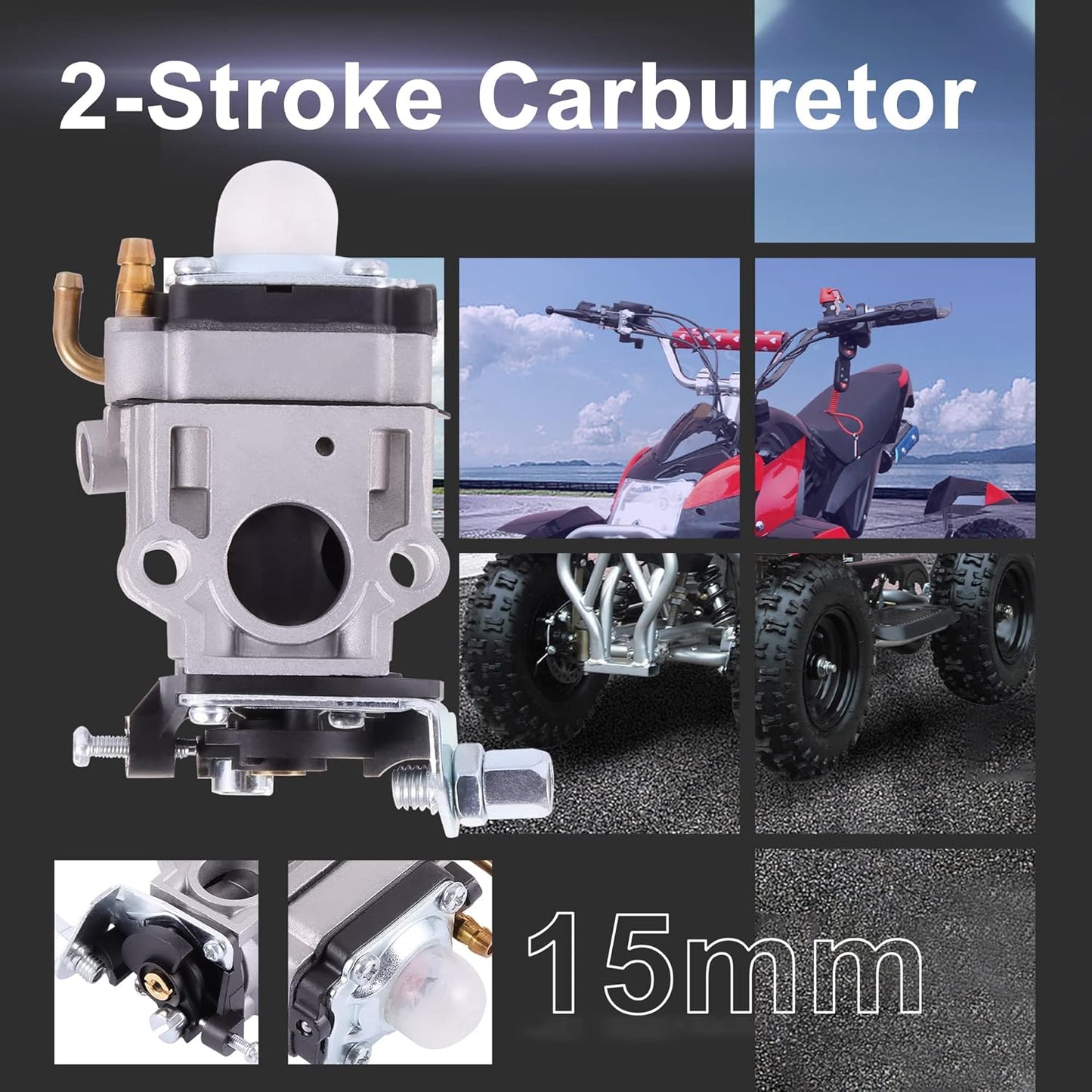 Carburetor 15mm for 47cc 49cc 50cc 2-Stroke Mini Pocket Bike & ATV