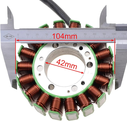 ATV stator replacement part measured with caliper, dimensions 104mm and 42mm shown.