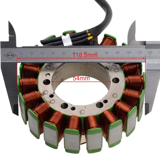 Motorcycle stator magneto coil with measurement caliper showing 118.5mm and 54mm diameters