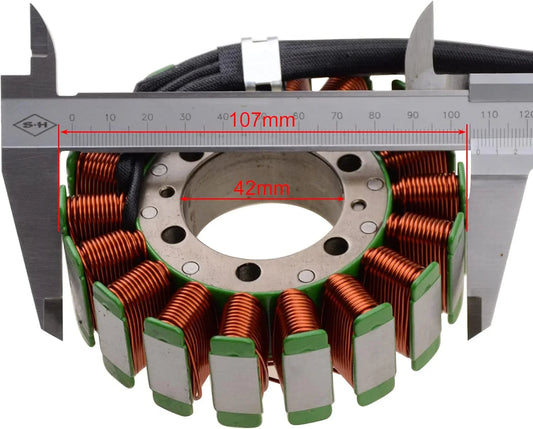 Motorcycle magneto stator replacement part with caliper measuring 107mm and 42mm diameters