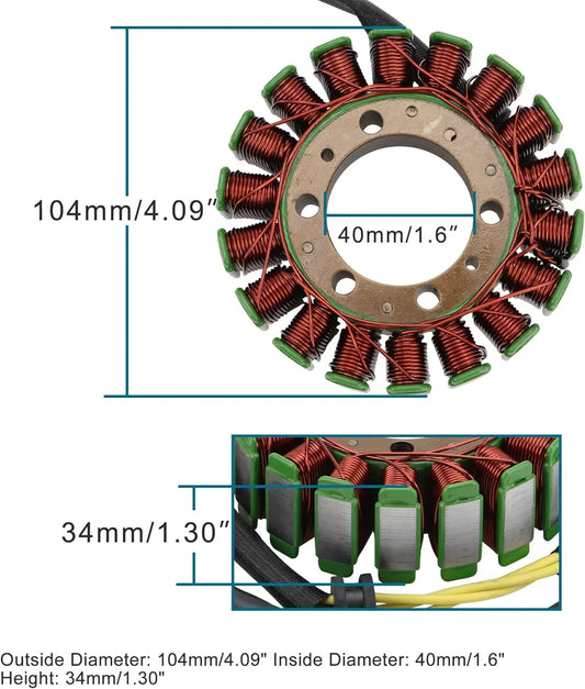 Motorcycle stator coil with copper windings, labeled dimensions 104mm x 40mm x 34mm.