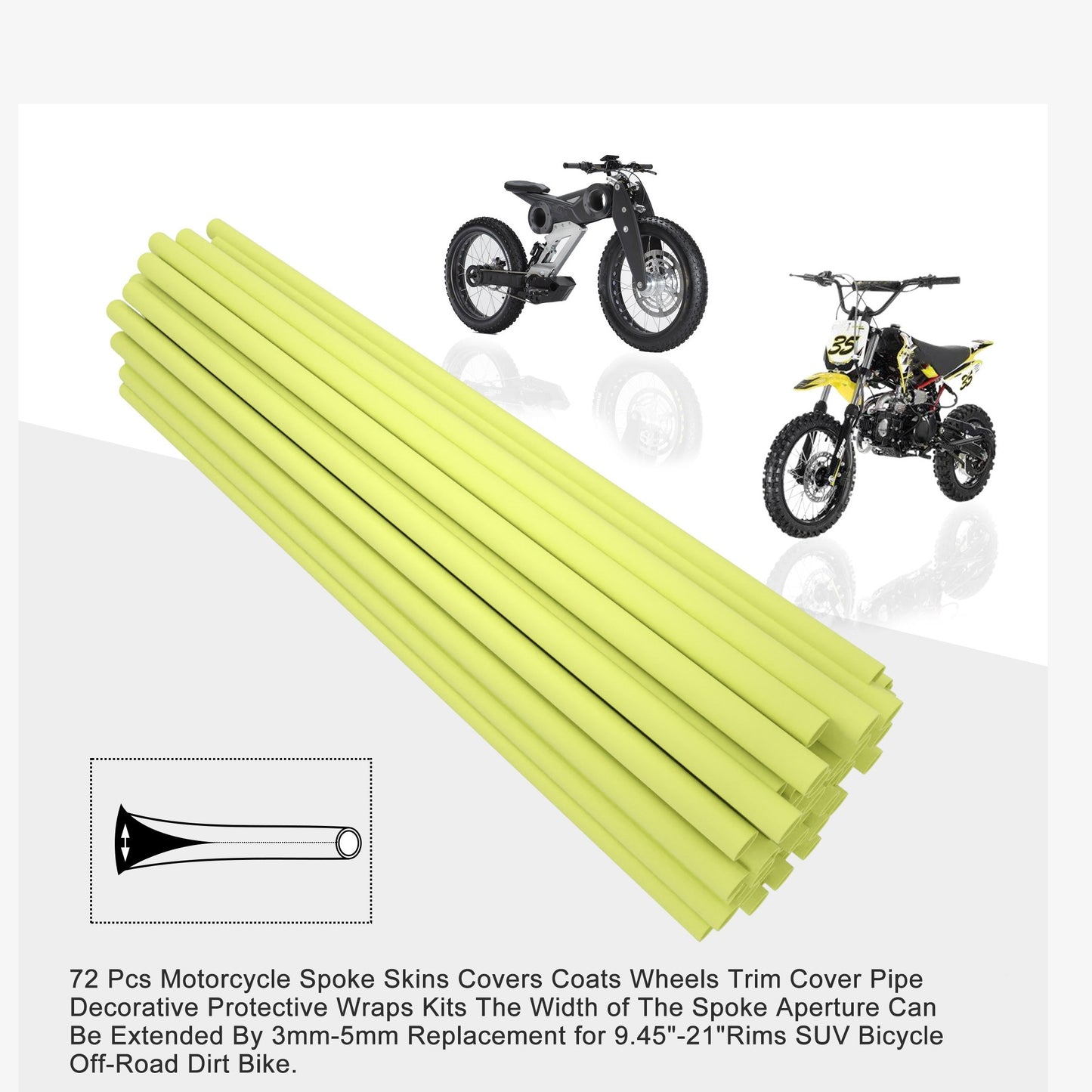 GOOFIT 72Pcs Motorcycle Spoke Skins Covers Coats Wheels Trim Cover Pipe Decorative Protective Wraps Kits for Bicycle & Motorcycle Plastic Rims Spoke Skins Yellow