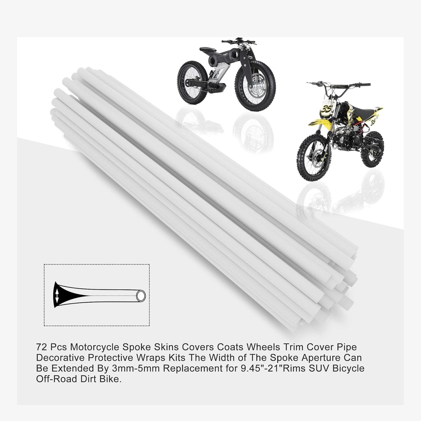GOOFIT 72Pcs Motorcycle Spoke Skins Covers Coats Wheels Trim Cover Pipe Decorative Protective Wraps Kits for Bicycle & Motorcycle Plastic Rims Spoke Skins White