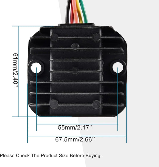 ATV scooter 5-pin 12V AC full wave regulator rectifier with size dimensions shown