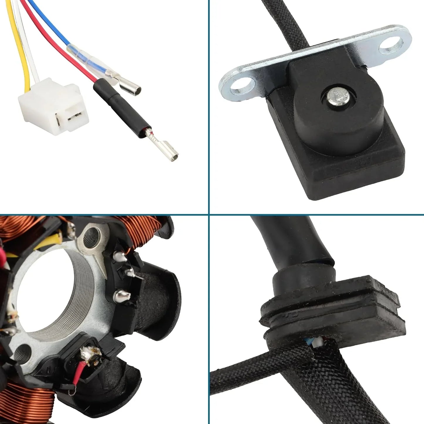 GY6 engine stator with wiring harness, connectors, and mounting bracket for scooter motorcycle parts