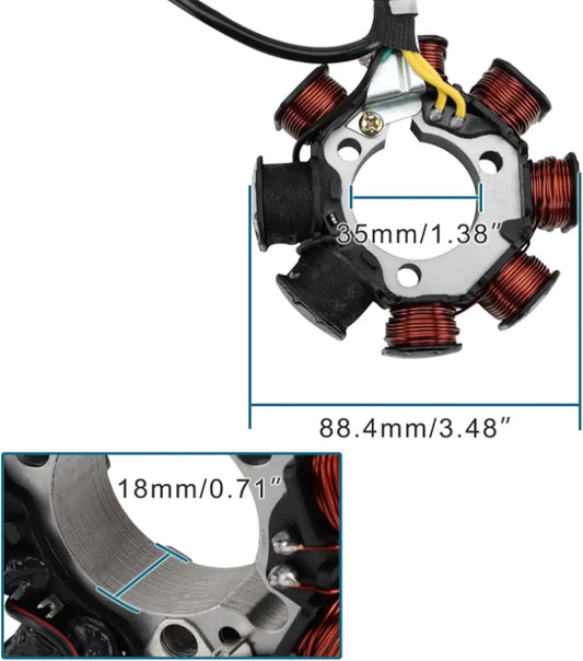 Honda TRX200 stator replacement part with coil wiring and detailed size measurements