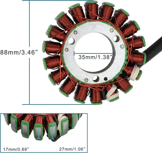 GY6 engine stator with copper coils, green insulation, and dimension specs for scooter or ATV aftermarket parts
