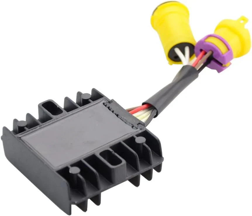 Black ATV voltage regulator rectifier with yellow and purple connectors, wiring visible