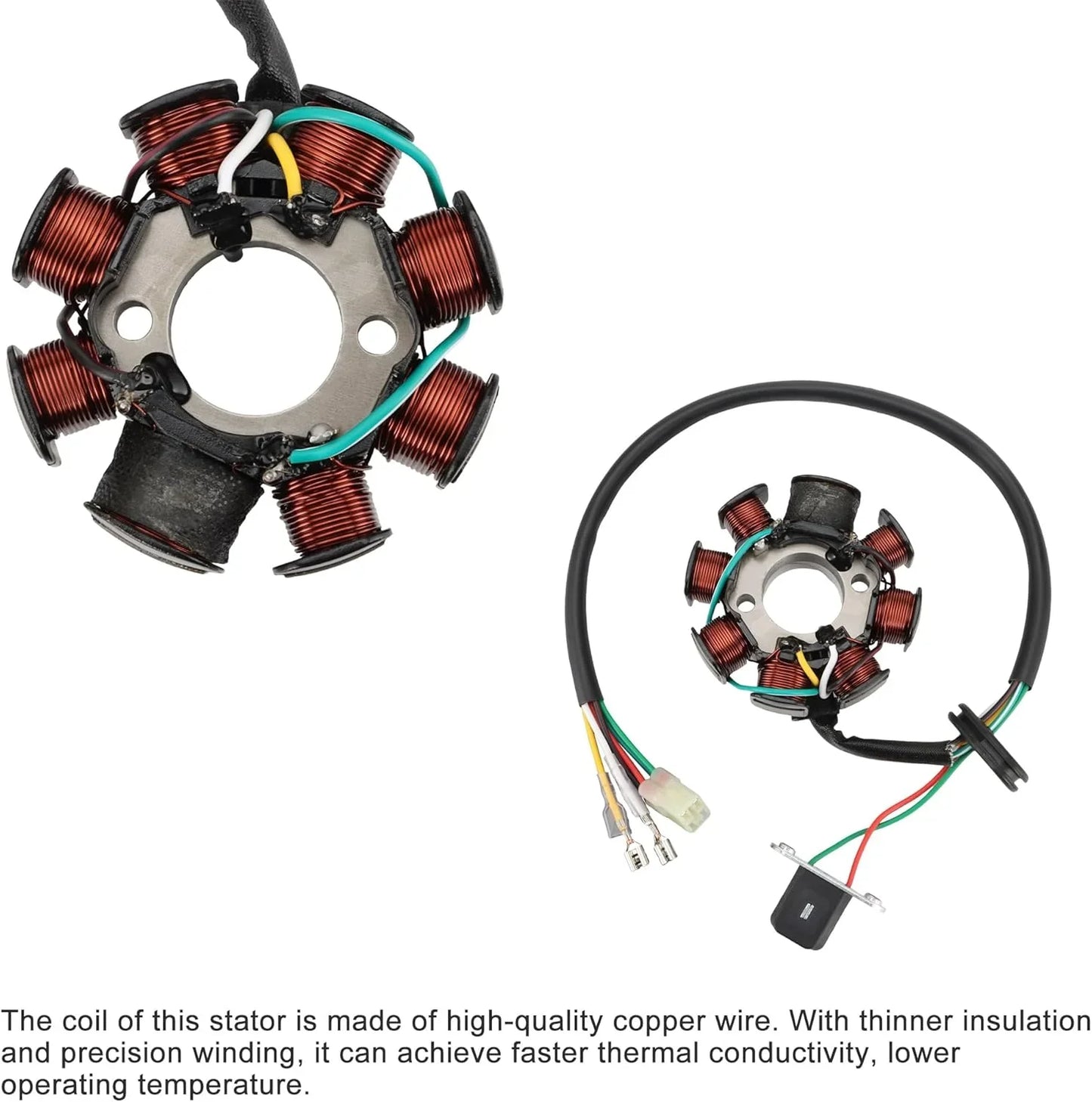 High-quality copper wire stator for GY6 engine, precision wound with color-coded wiring for motorcycle aftermarket parts.