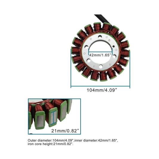Magneto stator for Suzuki Hayabusa GSX1300R with visible copper coils, key dimensions labeled