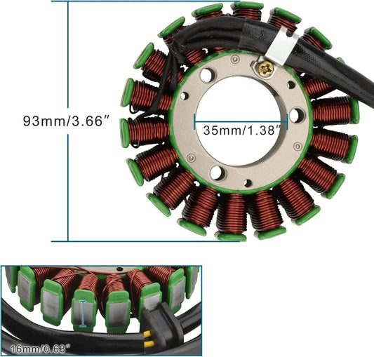 GY6 engine stator with copper coils, green insulators, and 93mm diameter for scooter motorcycle repair