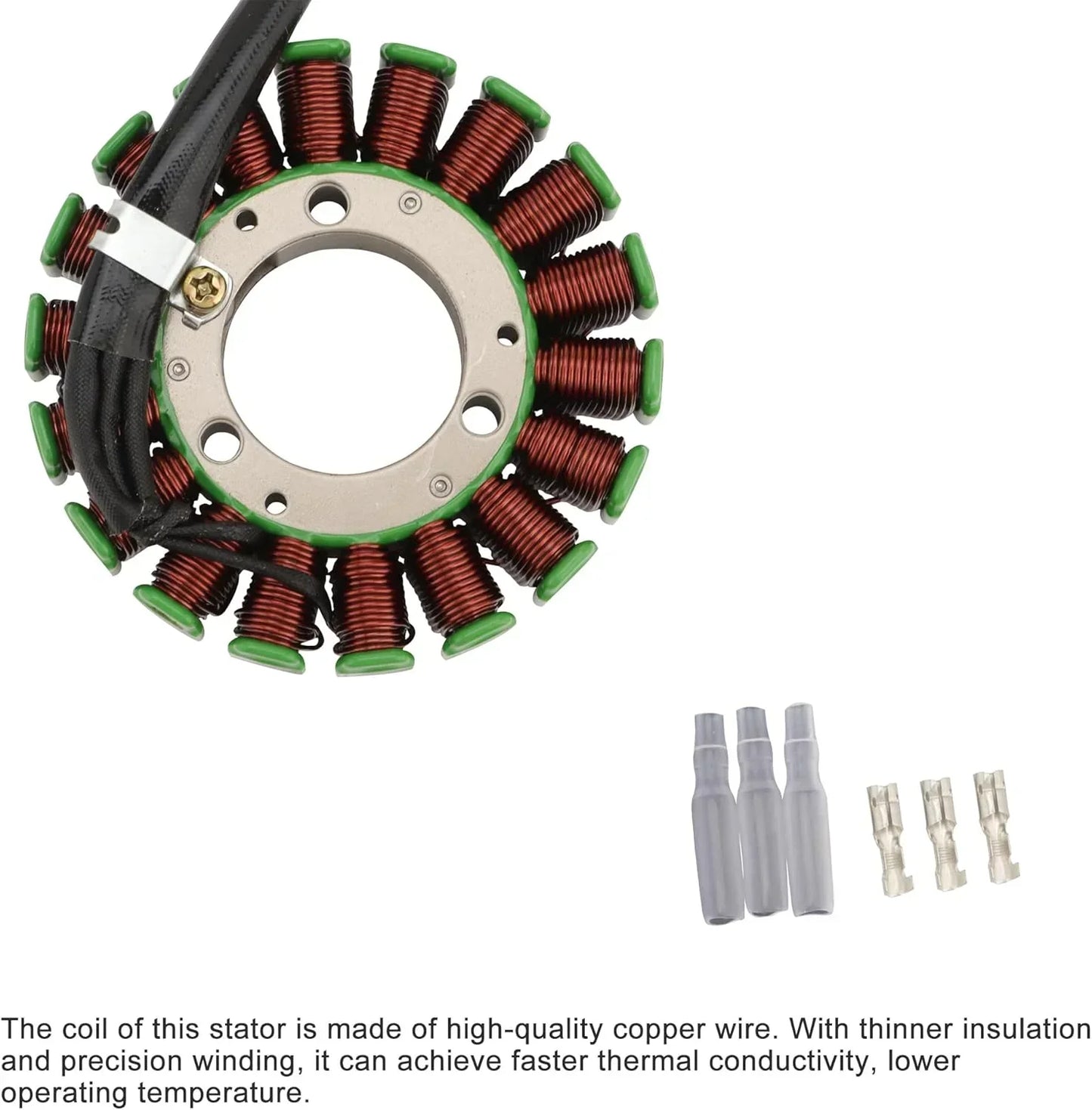 GY6 engine stator with copper wire coils, green insulation, and connector terminals for motorcycle aftermarket parts