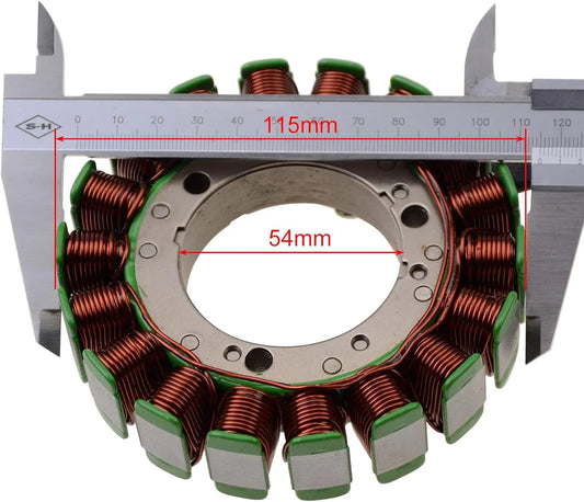 Yamaha MT-07 motorcycle stator coil measured with caliper, 115mm outer, 54mm inner diameter