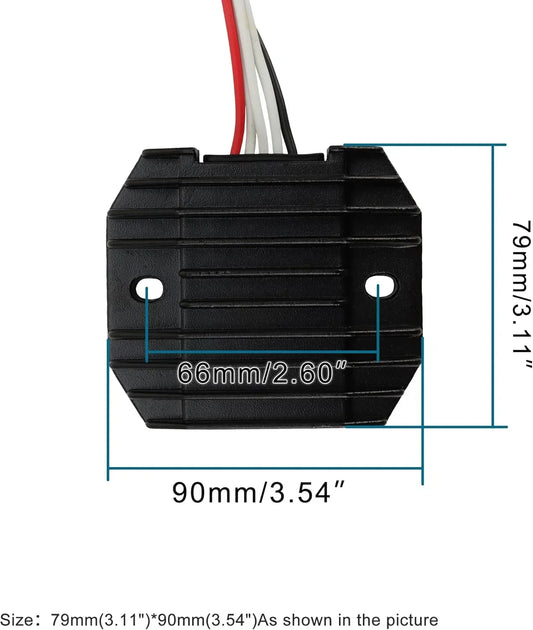 Black Yamaha XVS650 V-Star motorcycle regulator rectifier with wiring and dimensions labeled