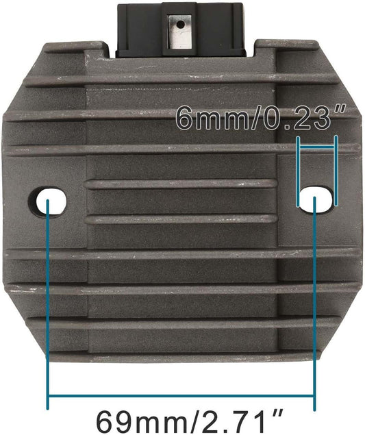 Yamaha motorcycle rectifier regulator with mounting hole measurements, close-up view