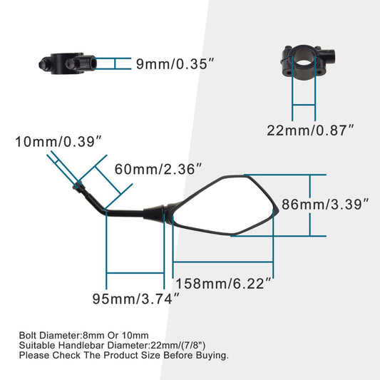Universal M10 Side View Mirrors with M8 Adapters for Motorcycle ATV – 2 Pack