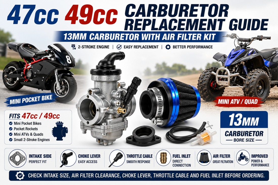 Blog cover image for 47cc 49cc mini pocket bike carburetor replacement guide, showing a 13mm carburetor with air filter kit for mini pocket bikes, mini ATVs, quads and 2-stroke small engines.