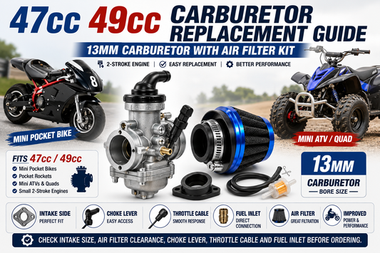Blog cover image for 47cc 49cc mini pocket bike carburetor replacement guide, showing a 13mm carburetor with air filter kit for mini pocket bikes, mini ATVs, quads and 2-stroke small engines.