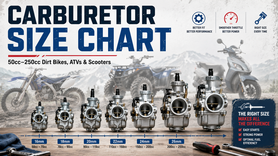 Carburetor Size Chart for 50cc–250cc Dirt Bikes, ATVs & Scooters