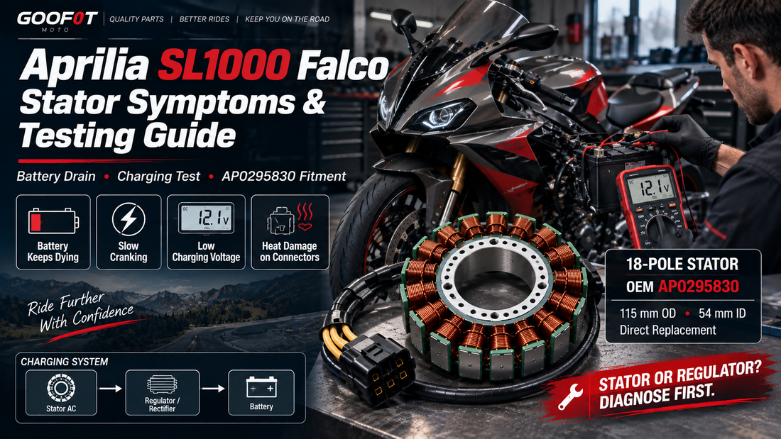 Aprilia SL1000 Falco stator symptoms and charging-system test with AP0295830 18-pole replacement stator
