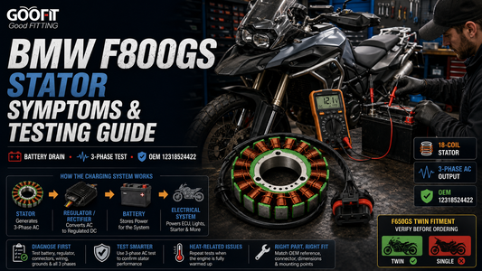 BMW F800GS stator symptoms and 3-phase charging-system test with 12318524422 replacement stator
