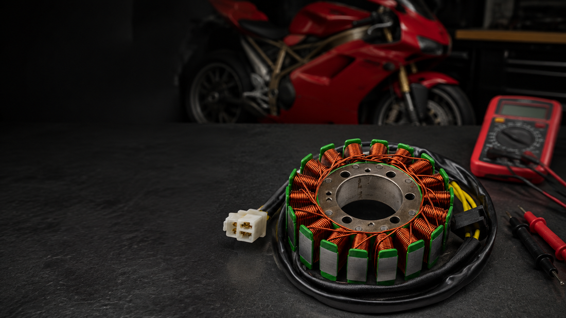 18-coil 3-wire Ducati stator beside a multimeter in a motorcycle workshop