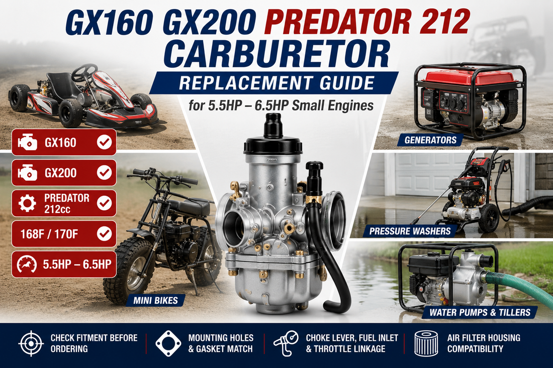 Blog cover image for GX160 GX200 Predator 212 carburetor replacement guide, showing a small engine carburetor with go-kart, mini bike, generator, pressure washer and 5.5HP to 6.5HP engine applications.