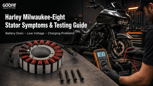 Harley Milwaukee-Eight stator testing guide showing a Touring motorcycle, multimeter, and OEM 29900042A replacement stator