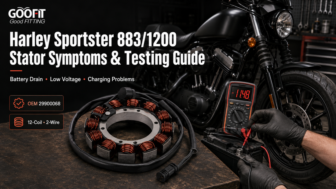 Harley Sportster 883 and 1200 stator testing guide with OEM 29900068 replacement stator and multimeter