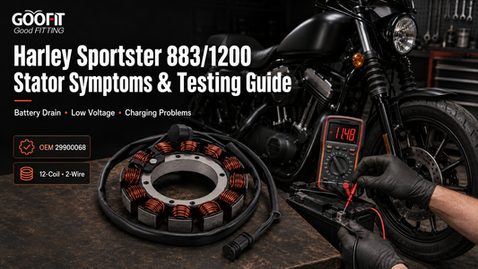 Harley Sportster 883 and 1200 stator testing guide with OEM 29900068 replacement stator and multimeter