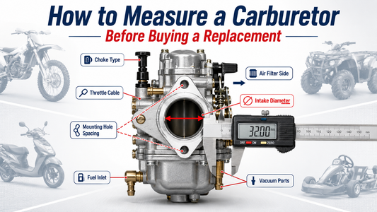 Blog cover image showing how to measure a carburetor before buying a replacement, with caliper measurement points for intake diameter, air filter side, mounting holes, choke type, throttle cable, fuel inlet, and vacuum ports.