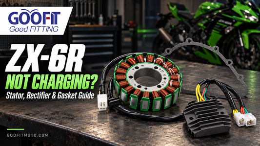Kawasaki ZX-6R charging system guide featuring a stator, regulator rectifier, and stator cover gasket.