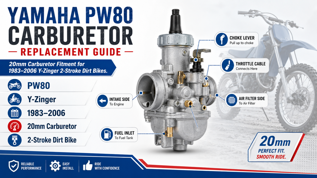 Blog cover image for Yamaha PW80 Y-Zinger 1983–2006 carburetor replacement guide, showing a 20mm 2-stroke dirt bike carburetor with fitment labels for intake side, air filter side, choke lever, throttle cable and fuel inlet.