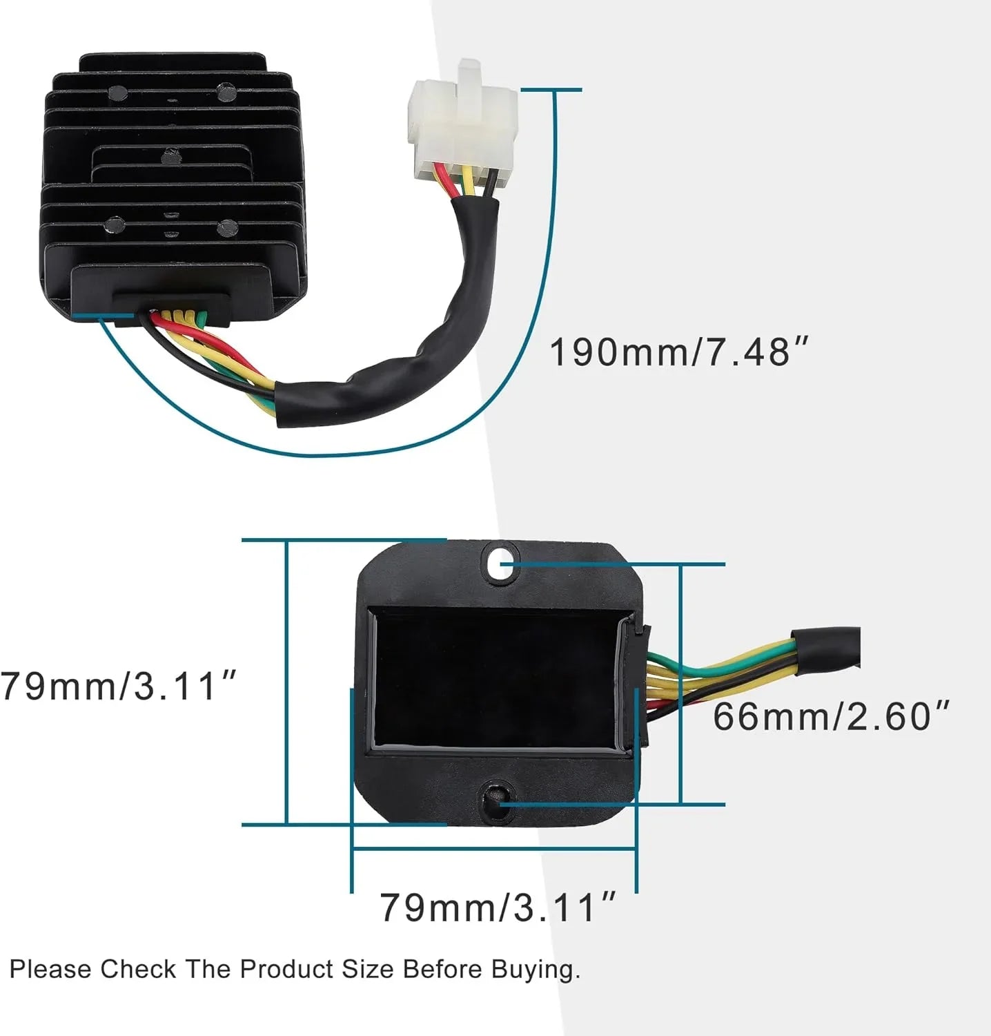 6-pin voltage regulator rectifier for 125cc-250cc scooter, wiring and dimensions shown