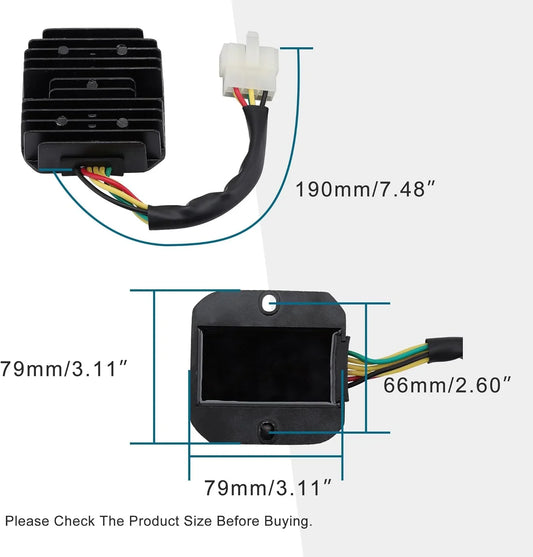 6-pin voltage regulator rectifier for 125cc-250cc scooter, wiring and dimensions shown