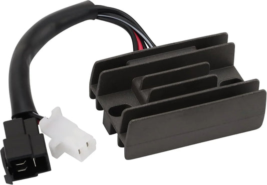 Motorcycle voltage rectifier regulator with heat sink fins and attached wiring harness