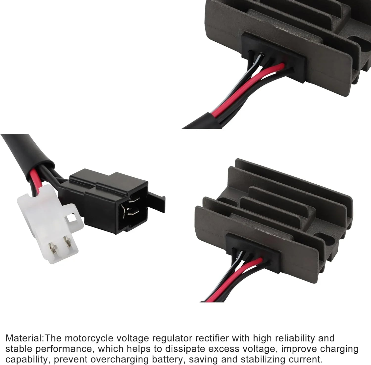 Suzuki motorcycle rectifier regulator with black fins, wiring harness, and multi-pin connectors.