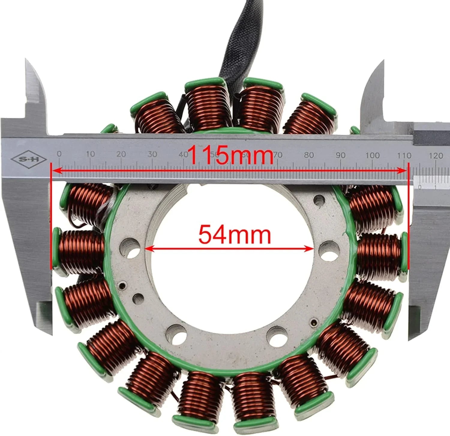 Yamaha motorcycle stator coil with caliper measuring 115mm outer and 54mm inner diameter
