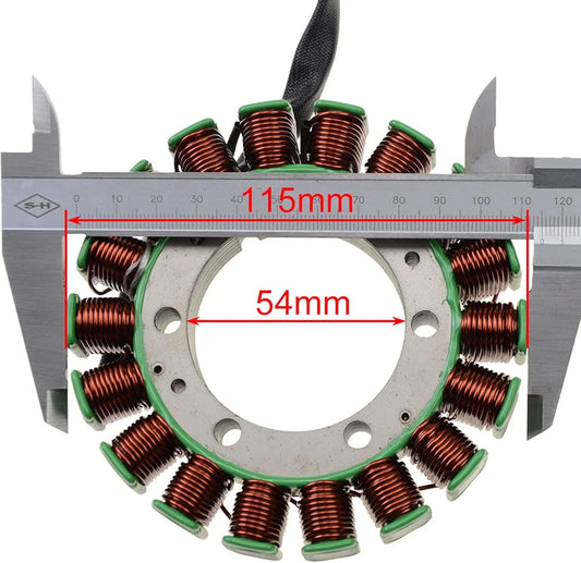 Yamaha motorcycle stator coil with caliper measuring 115mm outer and 54mm inner diameter